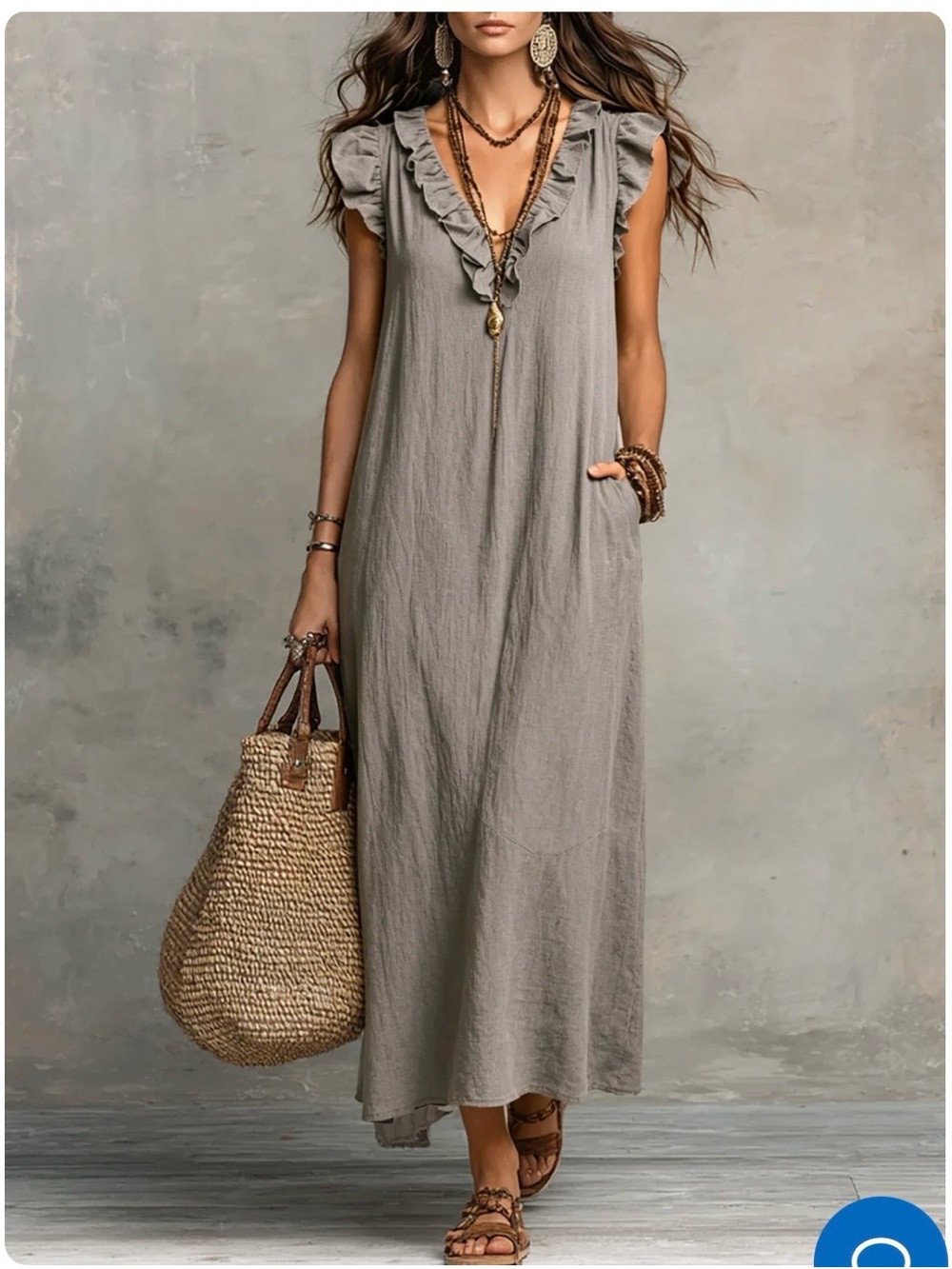 Ruffled V-Neck Maxi Dress in Taupe